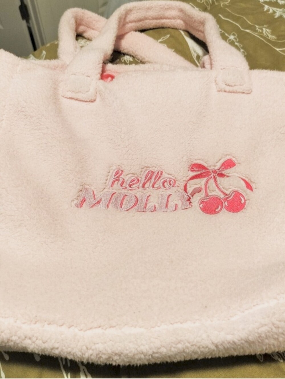 Hello Molly Pink Plush Tote Bag with Cherry Embroidery